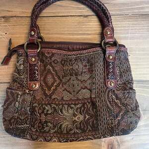 Vintage Fossil Tapestry and Leather Handbag Double Handles